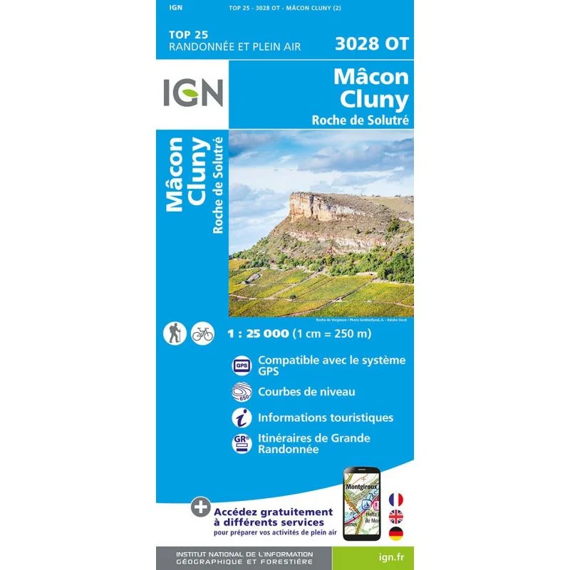 Carte IGN Mâcon Cluny Roche de Solutré 3028OT Série Top 25