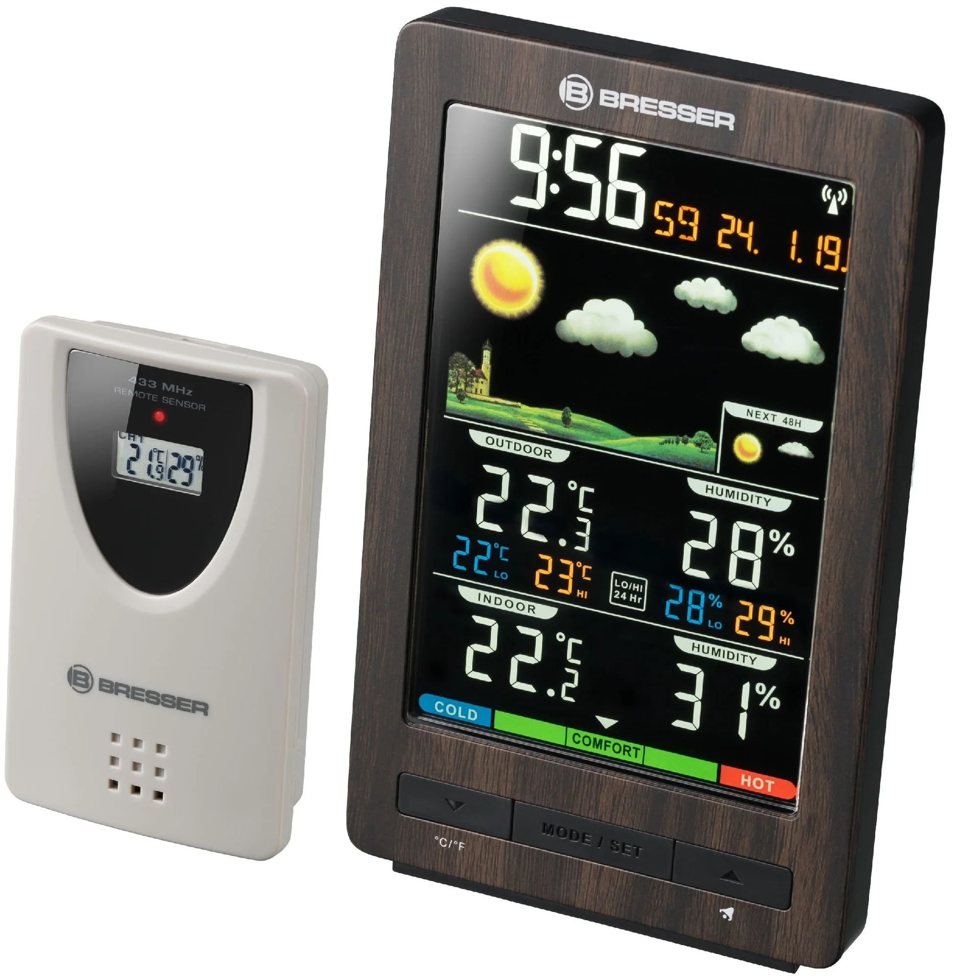 Belle station météo aspect bois et capteur - 48h de prévisions météo