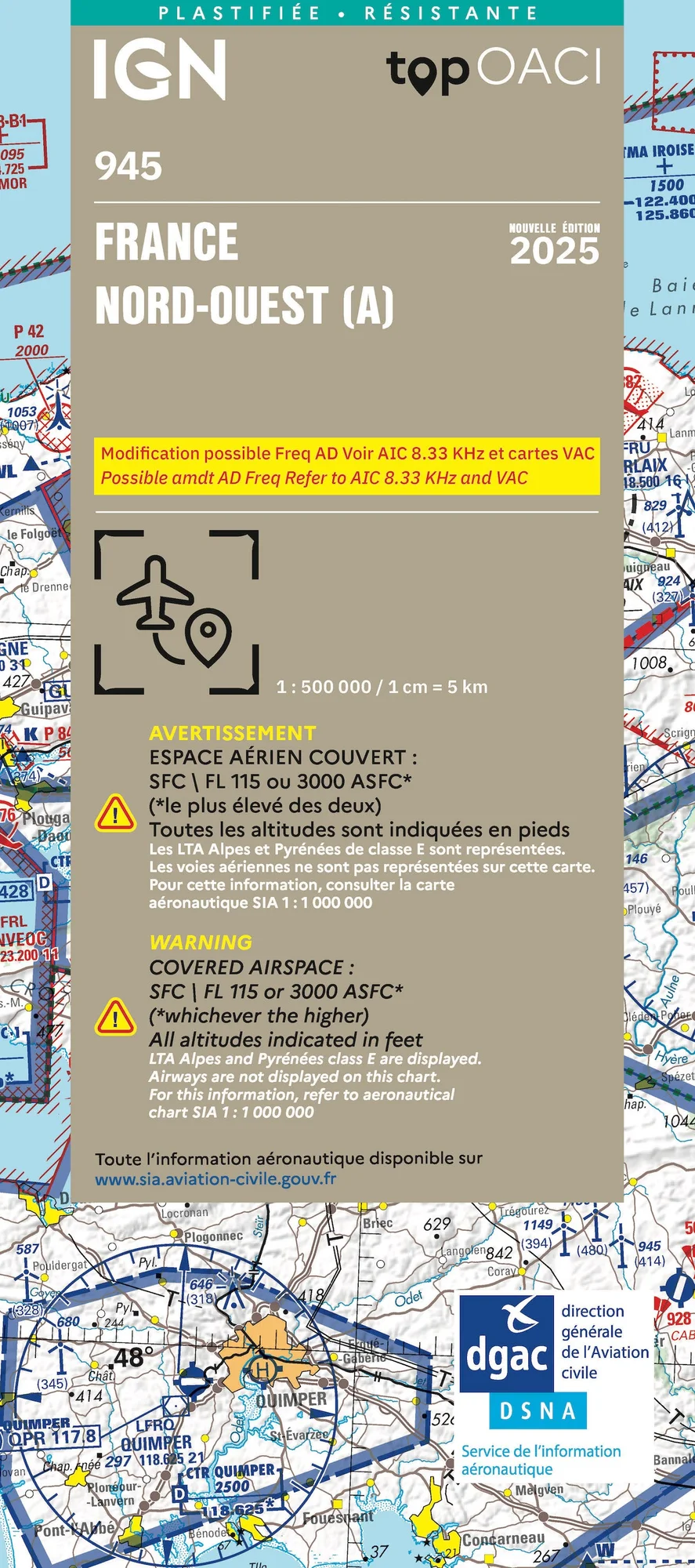 Carte Aviation OACI 2025 - France Nord-Ouest (A) Plastifiée