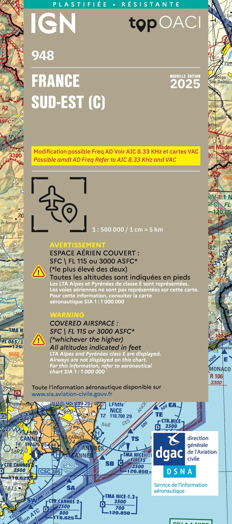 Carte Aviation OACI 2025 - France Sud-Est ( C), Plastifiée