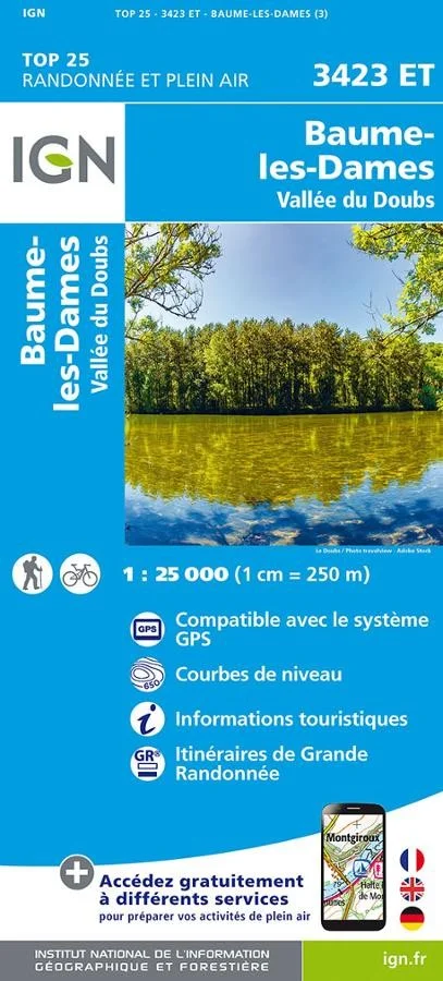 Carte IGN Baume-les-Dames Vallee du Doubs 3423ET Série Top 25