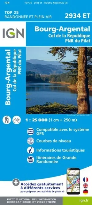 Carte IGN Bourg Argental Col de République Parc Naturel Régional du Pilat 2934ET Série Top 25