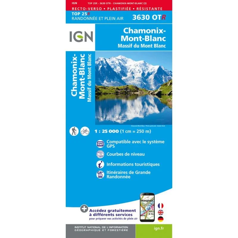 Carte IGN Chamonix Massif Mont Blanc 3630OTR Série Top 25 Résistante