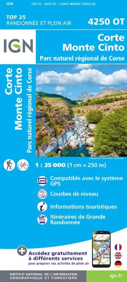 Carte IGN Corte Monte Cinto Parc National de Corse 4250OT Série Top 25