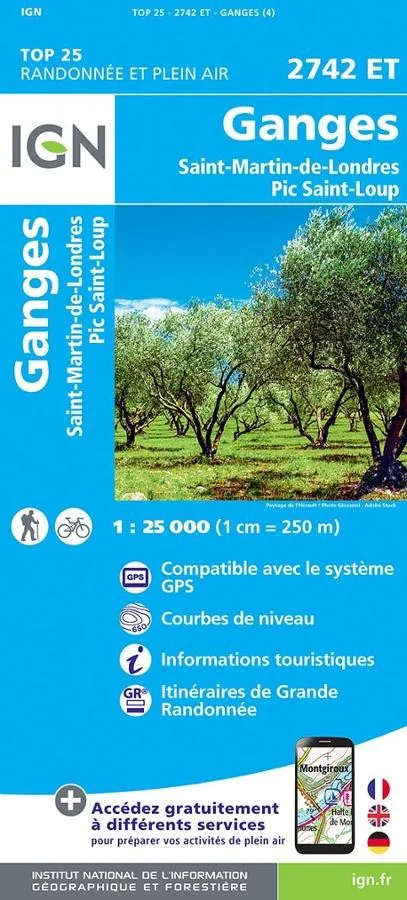 Carte IGN Ganges Pic Saint Loup 2742ET Série Top 25