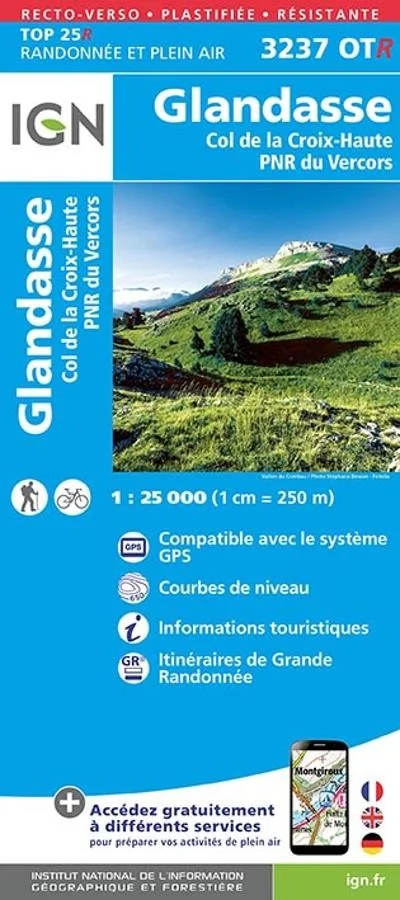 Carte IGN Glandasse Col Croix Haute Parc Vercors 3237OTR Série Top 25 Résistante