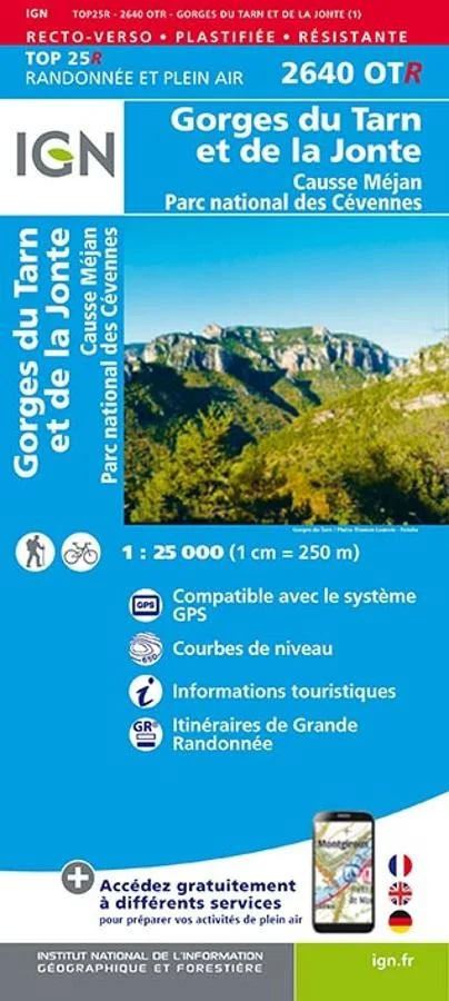 Carte IGN Gorges Tarn Jonte Causse Mejan 2640OTR Série Top 25 Résistante — recto