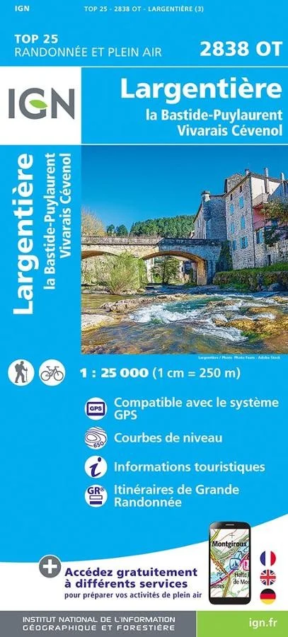 Carte IGN Largentiere Bastide Puylaurent 2838OT Série Top 25