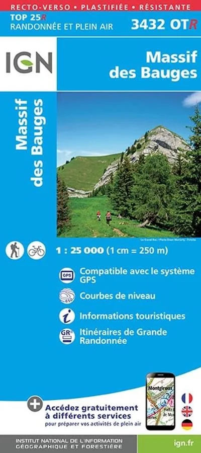 Carte IGN Massif des Bauges 3432OTR Série Top 25 Résistante
