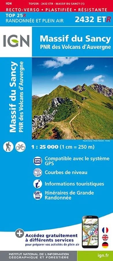 Carte IGN Massif Sancy Volcans Auvergne 2432ETR Série Top 25 Résistante