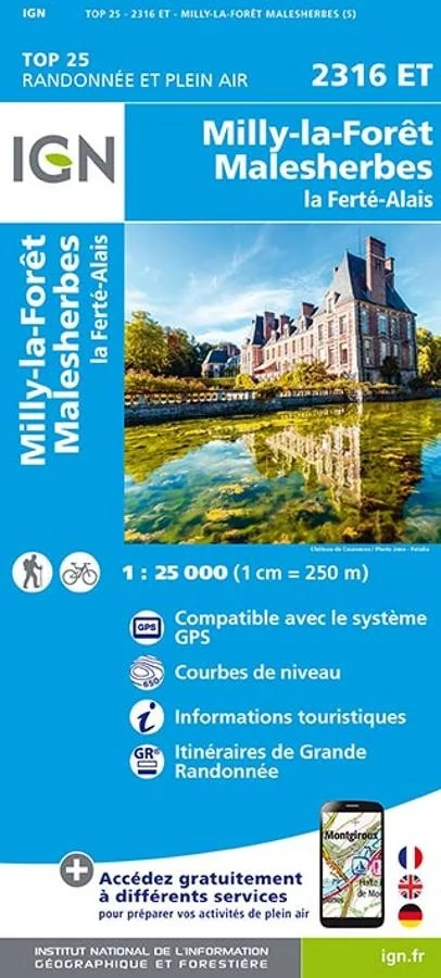 Carte IGN Milly la Foret Malesherbes Ferte Alais Foret 3 Pignons 2316ET Série Top 25