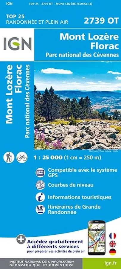 Carte IGN Mont Lozere Florac Parc National des Cevennes 2739OT Série Top 25