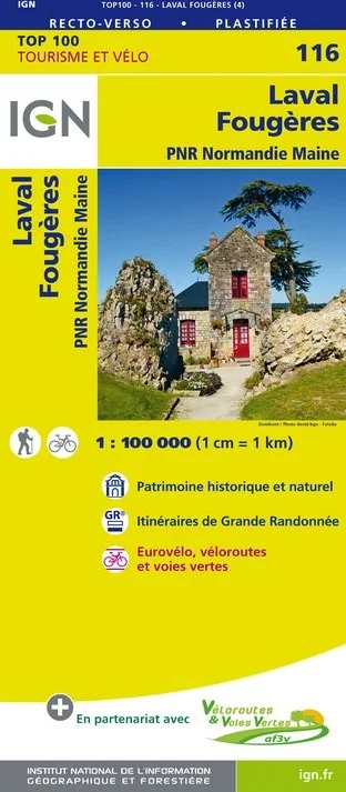 Carte IGN N° 116 Laval Fougères - PNR Normandie Maine