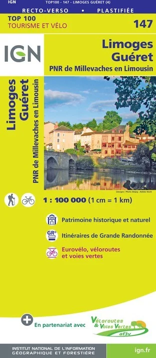 Carte IGN N° 147 Limoges Guéret - PNR De Millevaches En Limousin