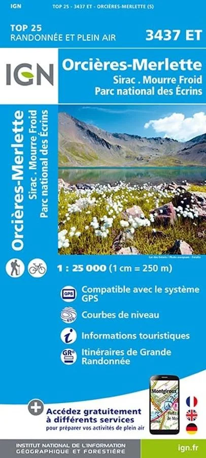 Carte IGN Orcieres Merlette Sirac Mourre Froid Ecrins 3437ET Série Top 25 — recto