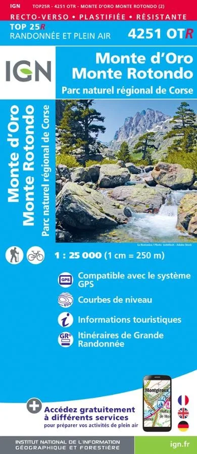 Carte IGN Parc National Corse Monte Oro Monte Rotondo 4251OTR Série Top 25 Résistante