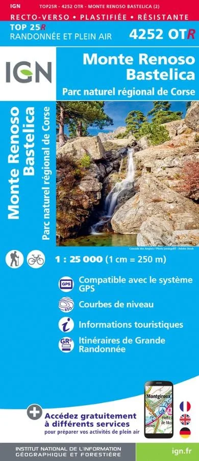 Carte IGN Parc National Corse Monte Renoso Bastelica 4252OTR Série Top 25 Résistante