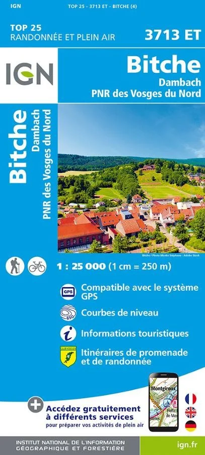 Carte IGN Pays de Bitche Parc Natureldes Vosges 3713ET Série Top 25