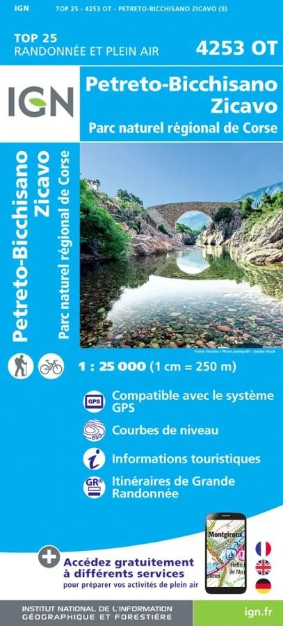 Carte IGN Petreto Bicchisano Zicavo Parc National Corse 4253OT Série Top 25