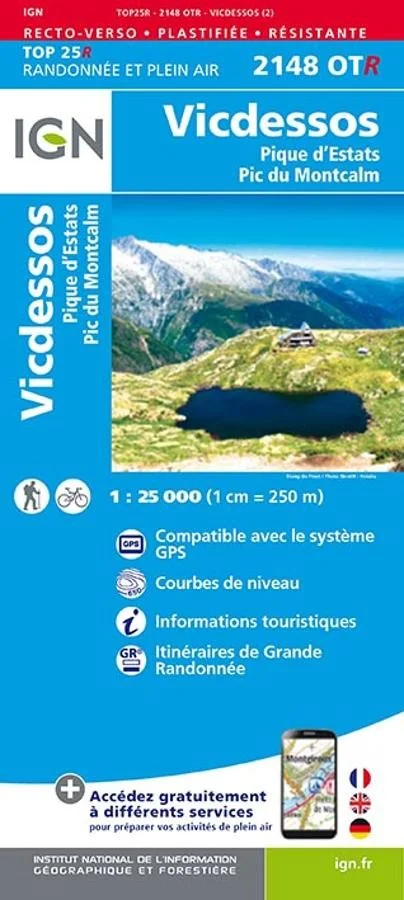 Carte IGN Vicdessos Pic Estats Montcalm 2148OTR Série Top 25 Résistante