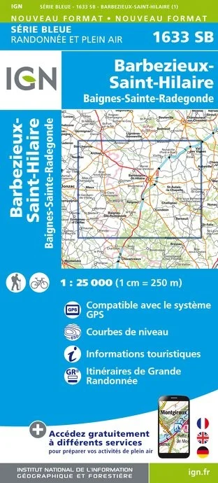 Carte Randonnée Barbezieux / Baignes Sainte-Radegonde | Série Bleue IGN — recto