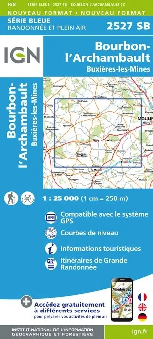 Carte Randonnée Bourbon l'Archambault / Buxières les Mines | Série Bleue IGN