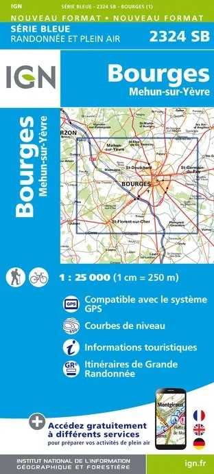 Carte Randonnée Bourges / Mehun sur Yevre | Série Bleue IGN — recto