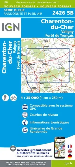 Carte Randonnée Charenton-du-Cher / Valigny / Forêt de Tronçais | Série Bleue IGN