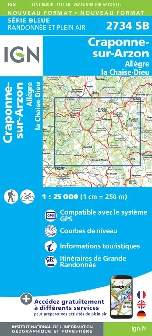 Carte Randonnée Craponne-sur-Arzon / Allègre / La Chaise-Dieu | Série Bleue IGN