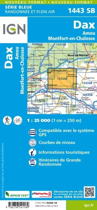 Carte Randonnée Dax / Amou / Montfort en Chalosse | Série Bleue IGN