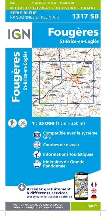 Carte Randonnée Fougères / Saint-Brice-en-Cogles | Série Bleue IGN — recto