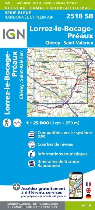 Carte Randonnée Lorrez-le-Bocage-Préaux / Chéroy / St-Valérien | Série Bleue IGN — recto