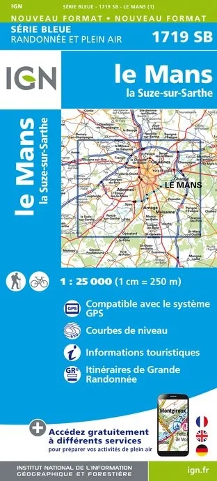 Carte Randonnée Le Mans / La Suzu sur Sarthe | Série Bleue IGN — recto