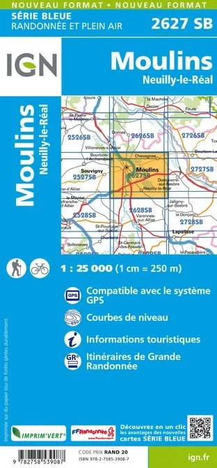 Carte Randonnée Moulins / Neuilly le Réal | Série Bleue IGN — recto