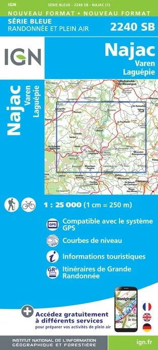 Carte Randonnée Najac / Varen-Laguépie | Série Bleue IGN