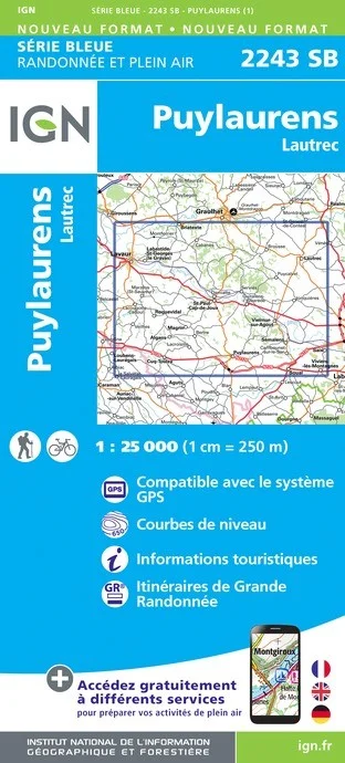 Carte Randonnée Puylaurens / Lautrec | Série Bleue IGN