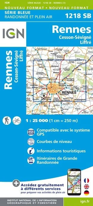 Carte Randonnée Rennes / Cesson Sévigne / Liffre | Série Bleue IGN