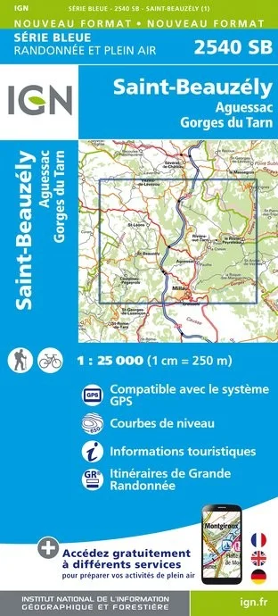 Carte Randonnée Saint-Beauzely / Aguessac / Gorges du Tarn | Série Bleue IGN — recto