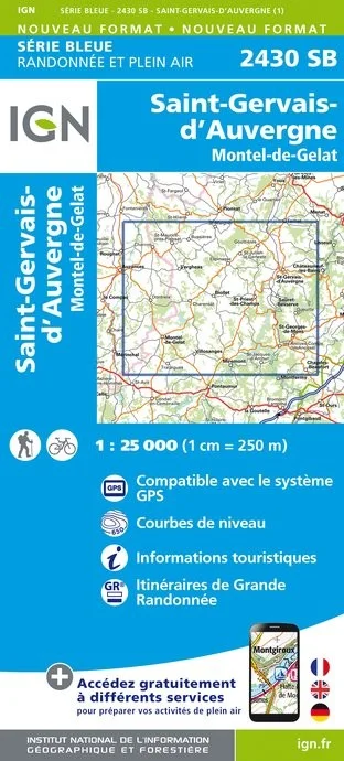 Carte Randonnée Saint-Gervais-d'Auvergne / Montel de Gelat | Série Bleue IGN — recto