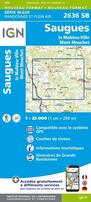 Carte Randonnée Saugues / Le Malzieu-Ville / Mont-Mouchet | Série Bleue IGN — recto