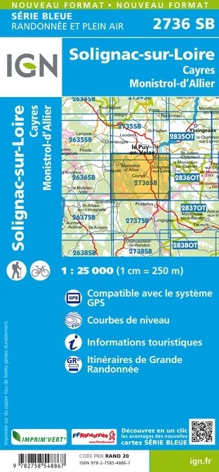 Carte Randonnée Solignac-sur-Loire / Cayres / Monistrol-d'Allier | Série Bleue IGN