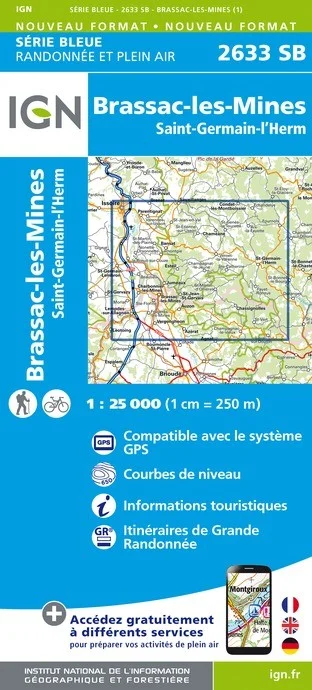 Carte Randonnée St-Germain-Lembron / St-Germain-l'Herm | Série Bleue IGN — recto