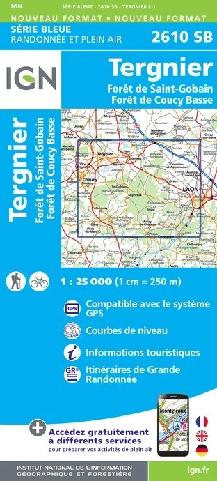 Carte Randonnée Tergnier / La Fère / Forêts de Saint-Gobain et de Coucy Basse | Série Bleue IGN — recto