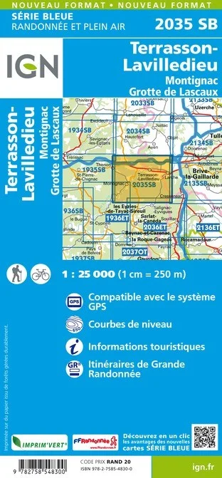 Carte Randonnée Terrasson / Lavilledieu-Montignac / Grotte de Lascaux | Série Bleue IGN