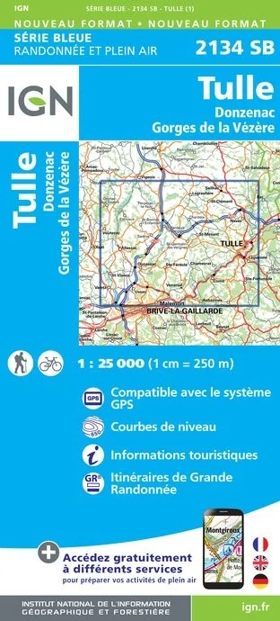 Carte Randonnée Tulle / Donzenac / Gorges de la Vézère | Série Bleue IGN