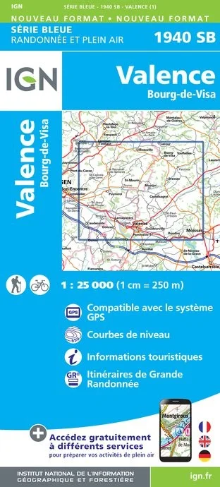 Carte Randonnée Valence / Bourg-de-Visa | Série Bleue IGN