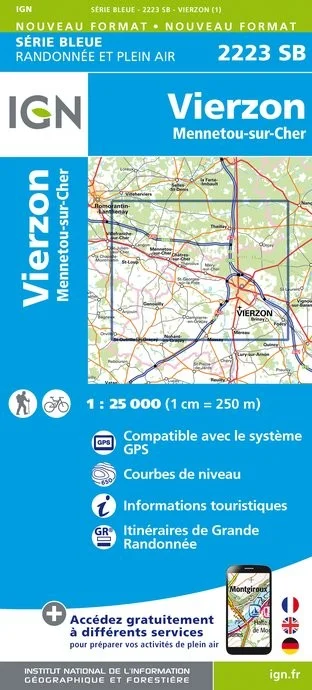 Carte Randonnée Vierzon - Mennetou sur Cher | Série Bleue IGN — recto