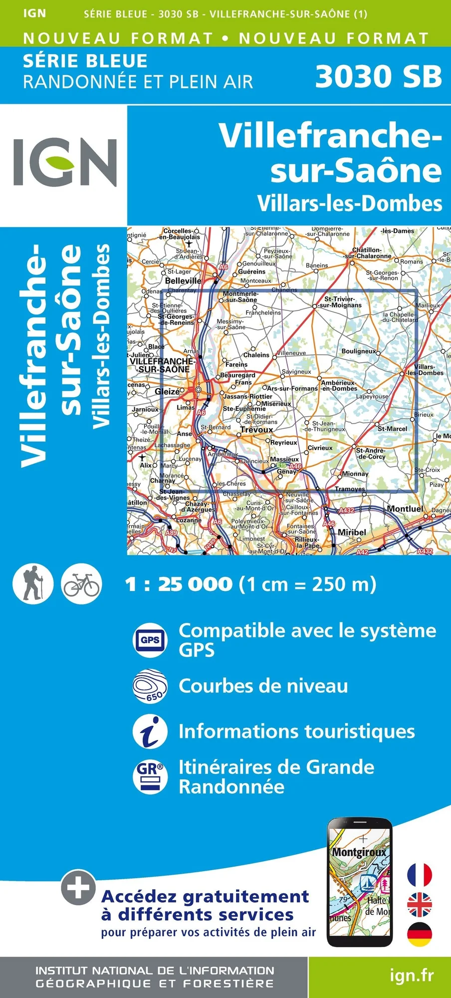 Carte Randonnée Villefranche sur Saône / Villars les Dombes | Série Bleue IGN