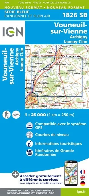 Carte Randonnée Vouneuil sur Vienne / Archigny / Jaunay Clan | Série Bleue IGN