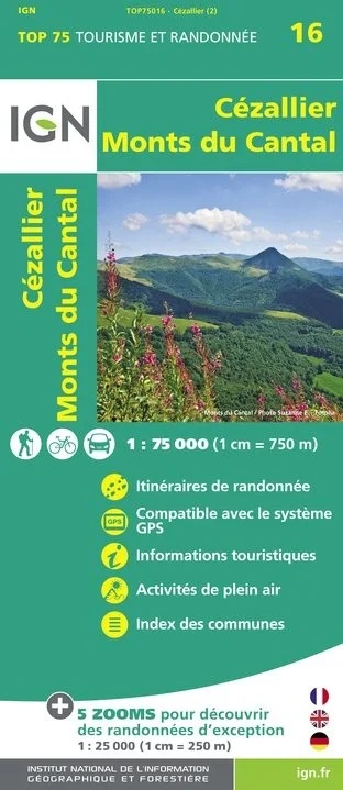 Carte Tourisme Cézallier, Monts-du-Cantal IGN Top 75
